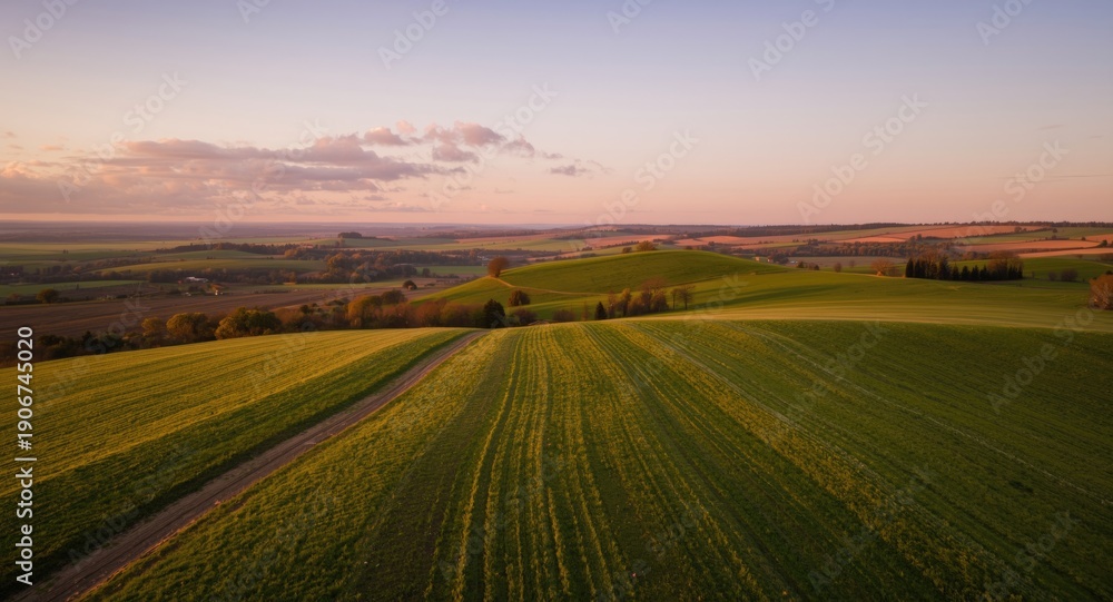 Fototapeta premium Beautiful meadow and farmland landscape captured at dusk from above