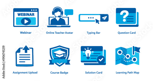 Online learning and education blue icons set