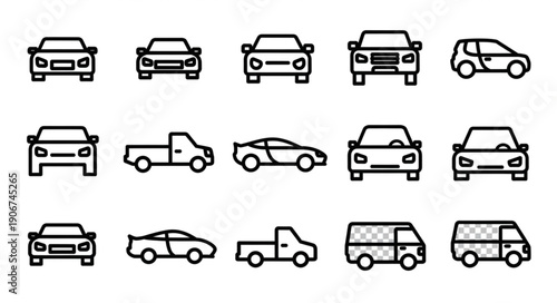 Collection of various car icons in a simple line art style.