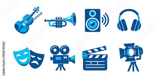 Music and film blue icons set