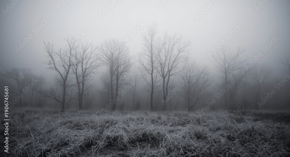 Fototapeta premium Cold and eerie winter forest scene wrapped in heavy fog and frost