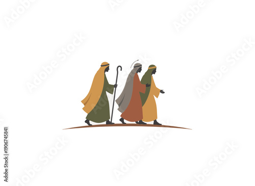 Disciples on the road to Emmaus. Biblical figures walking journey. Minimalist flat vector illustration