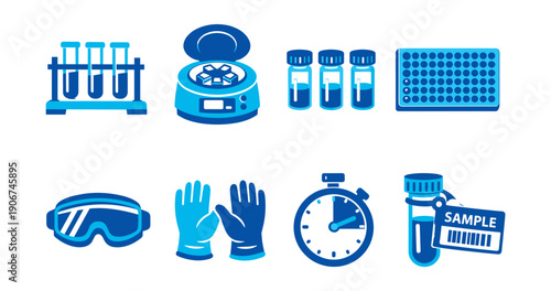 Laboratory equipment and safety gear blue icons set