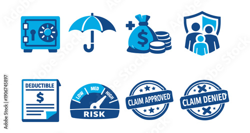Insurance and protection blue and white icons set