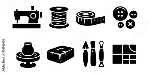 Sewing and pottery tools silhouette icons set
