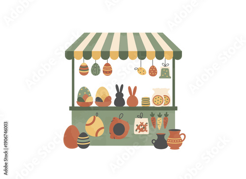 Easter market stall with eggs and bunnies. Spring holiday fair booth with treats. Flat vector illustration