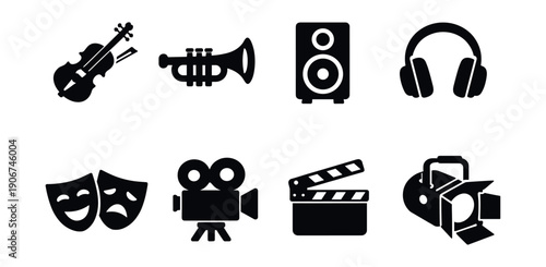 Music, theater, and film black and white icons set