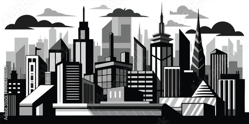 A striking black and white city skyline showcases numerous modern skyscrapers against a cloudy backdrop.
