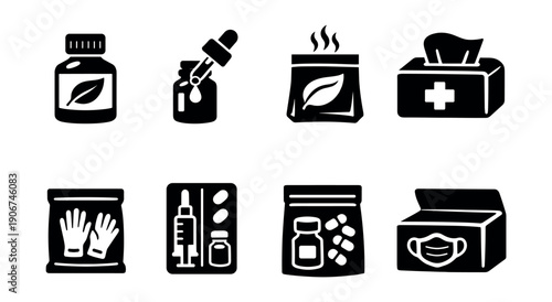 Health and Wellness Products Black and White Icons Set