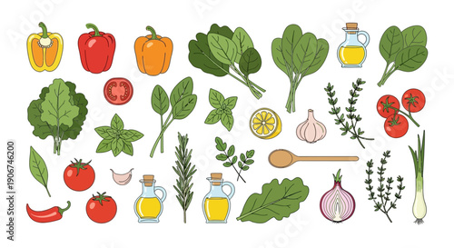 Assorted fresh vegetables and herbs with cooking ingredients.