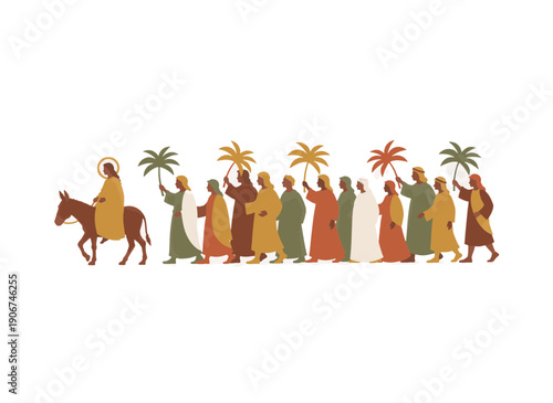 Palm Sunday Triumphal Entry vector illustration. Jesus riding a donkey with crowd holding palm branches. Biblical Easter scene