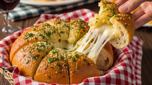 Delicious homemade cheesy garlic bread pull apart bread with melting cheese and herbs in basket