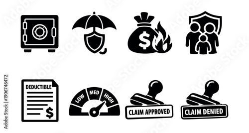 Insurance black and white line icons set