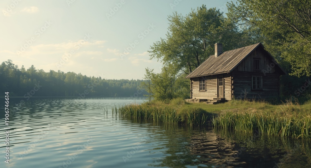 Obraz premium Classic photographic print of an old wooden cottage near calm waters