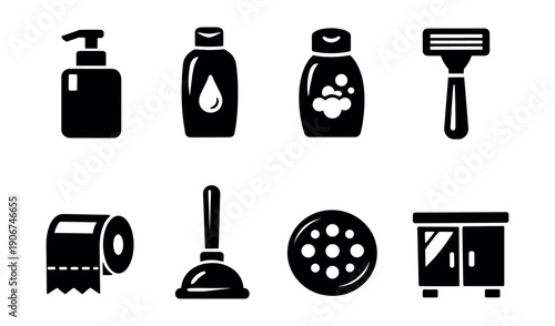 Bathroom black and white icons set