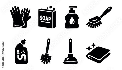 Cleaning supplies black and white icon set