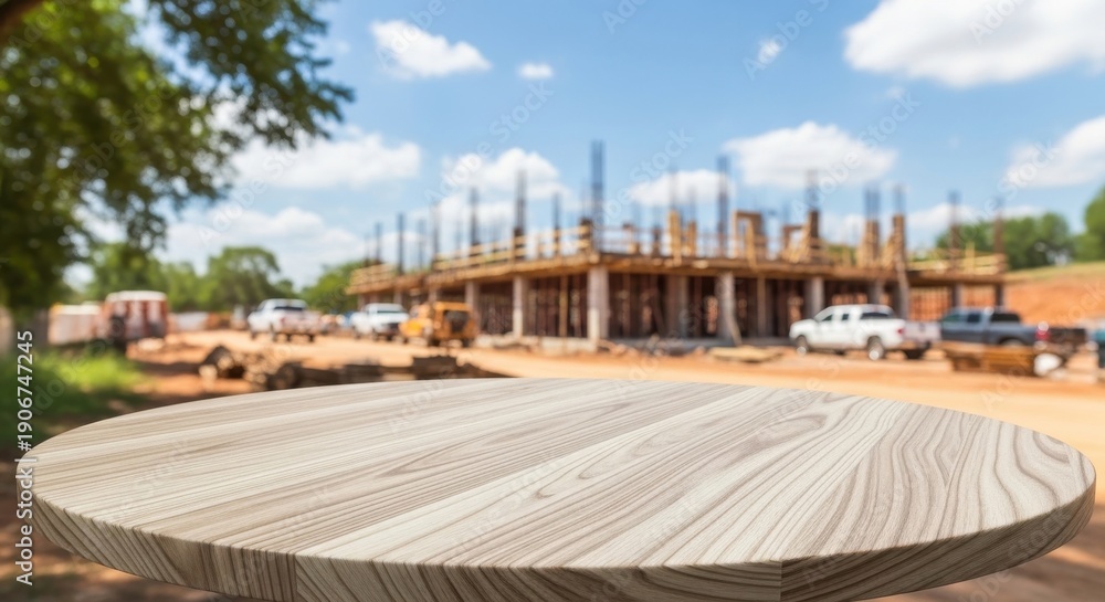 Fototapeta premium Empty round wooden tabletop with blurred construction site background for product display