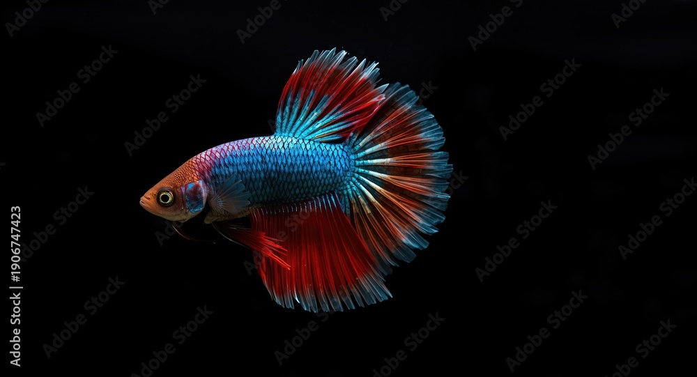 Fototapeta premium Betta fish with bright fins swimming on deep black background