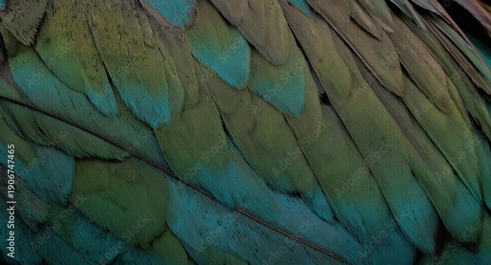 Obraz premium Close view of bird feathers showcasing textured surfaces with turquoise vintage and green hues