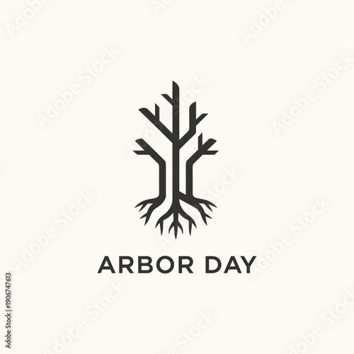 Arbor Day Minimalist Tree Logo Symbol with Roots and Branches, Representing Environmentalism and Nature