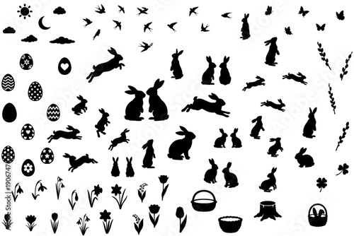 Easter silhouette vector clipart set with bunnies eggs swallows flowers and sky elements for vinyl cutting and window decals