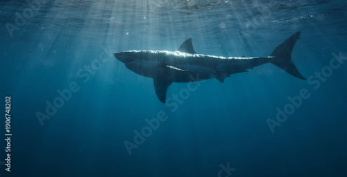 Great white shark cruising in deep blue Pacific waters near Guadalupe Island, Mexico. Underwater wildlife scene with dramatic light rays and ocean surface, powerful marine predator in natural habitat