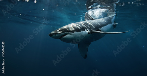 Great white shark cruising in deep blue Pacific waters near Guadalupe Island, Mexico. Underwater wildlife scene with dramatic light rays and ocean surface, powerful marine predator in natural habitat
