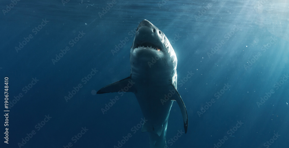 Naklejka premium Underwater view of a great white shark swimming in the Pacific Ocean by Guadalupe Island, Mexico. Clear blue water, sunbeams and open sea create a cinematic wildlife moment.