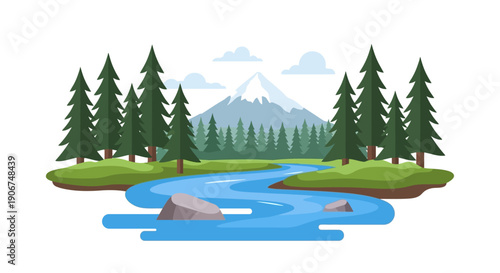 Mountain landscape with a flowing river and evergreen forest under a cloudy sky.