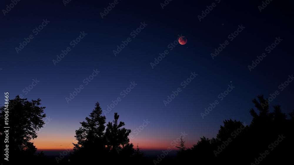 Fototapeta premium Blue hour time with lunar eclipse, stars and planets above landscape silhouettes.
