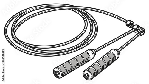 A black and white illustration of a jump rope with handles