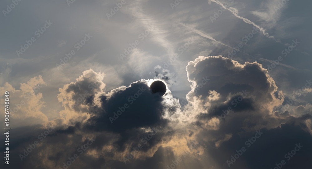 Fototapeta premium Dramatic cloudscape surrounding a tranquil eclipse in a majestic sky