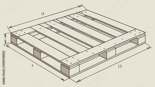 A technical drawing of a wooden pallet with precise measurements and dimensions.
