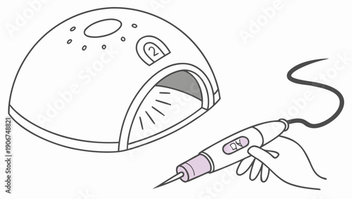 A vector graphic illustration of a hand holding a nail drill near a UV nail lamp on a white background