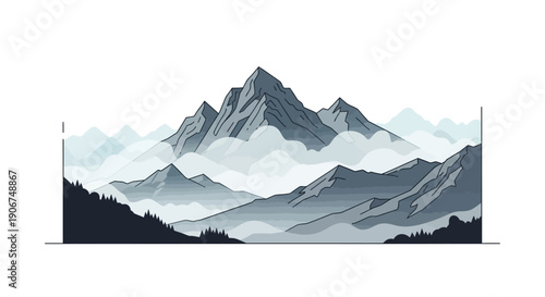 Majestic Mountain Range with Forest Base and Misty Clouds, Isolated White Background Vector Illustration