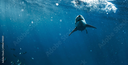 Great white shark in open ocean near Guadalupe Island, Mexico. Underwater photography of apex predator gliding through blue water with sunlight rays and dramatic marine atmosphere.