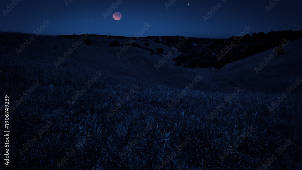 Fototapeta premium Blue hour time with lunar eclipse, stars and planets above landscape silhouettes.