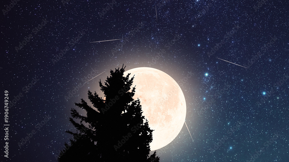 Fototapeta premium Blue hour time with lunar eclipse, stars and planets above landscape silhouettes.