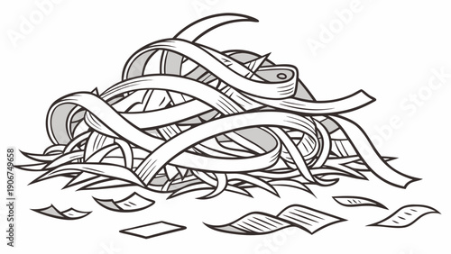 A black and white vector illustration of a tangled pile of paper strips and shredded documents