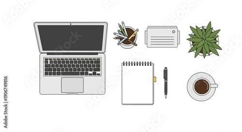 Top View Flat Lay of a Minimalist Workspace with Laptop, Coffee, Notebook, and Green Plant on a White Background