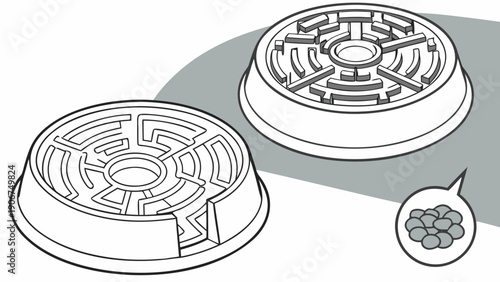 A vector graphic illustration of two maze coins and a speech bubble with pellets on a white background