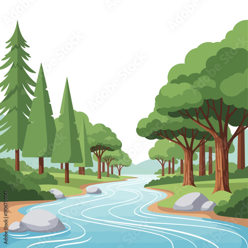 Serene Forest Landscape with a Flowing River, Green Trees, and Rocks under a Blue Sky