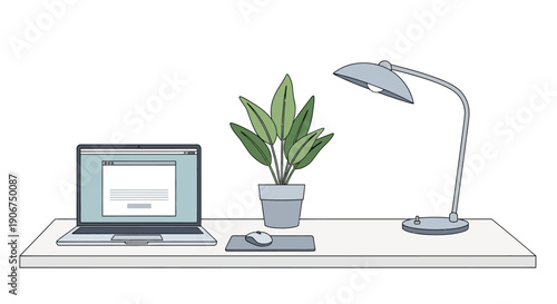 Minimalist Clean Workspace with Laptop, Desk Lamp, and Green Plant on a White Desk, Isolated White Background
