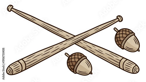 A vector graphic illustration of crossed knitting needles and acorns on a white background