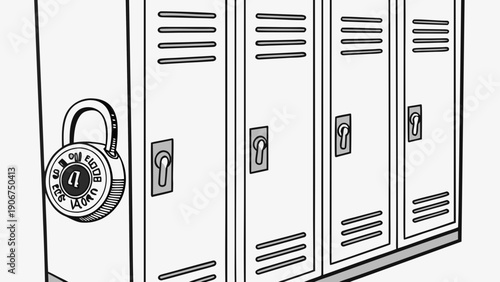 A minimalist vector illustration of a row of school lockers with a combination lock on one door