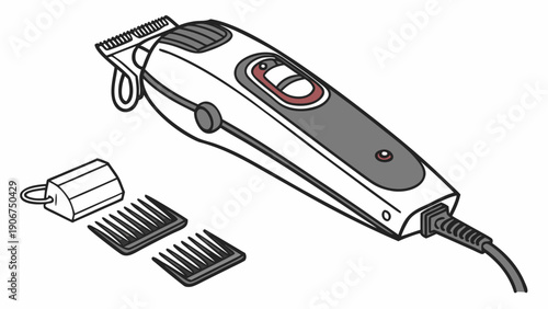 A vector graphic illustration of a hair clipper with accessories