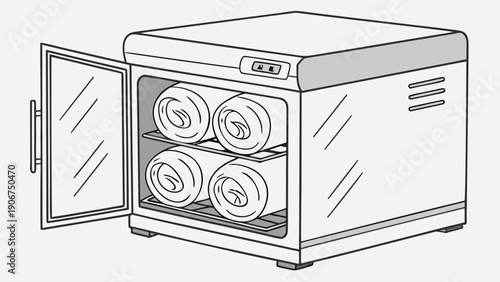 A vector graphic illustration of an autoclave with its door open, showing sterilization equipment inside.