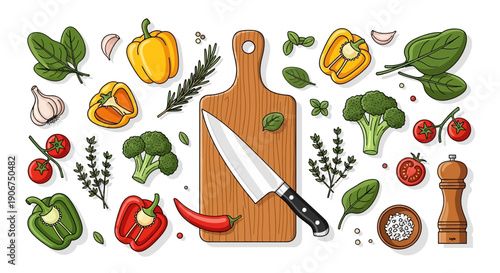 Fresh Healthy Vegetables with Cutting Board and Knife for Cooking on Isolated White Background