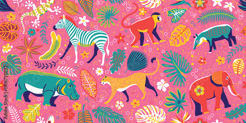 Handmade drawing seamless pattern with African animals: hippopotamus, elephant, zebra, tapir, macaque, gecko, leopard and tropical leaves and flowers. For creating wallpapers, packaging, fashion.