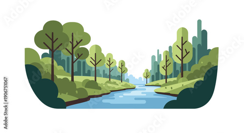 Green Forest Landscape with Winding Blue River and Lush Trees, Flat Design Nature Scene